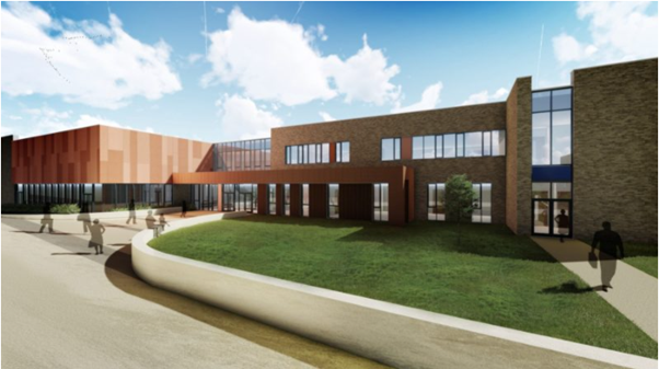 A modern building with large windows and a red and brown exterior forms the centerpiece of the Strule Shared Education Campus. It is surrounded by a curved sidewalk and lush grass under a partly cloudy sky, reflecting an ideal blend of innovation and community-focused design.