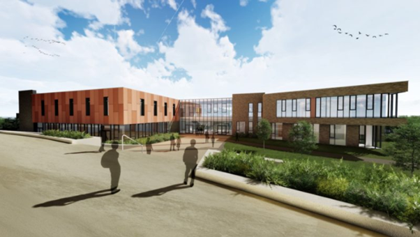 Architectural rendering of the Strule Shared Education Campus features a modern building with orange and brown sections, large windows, and people walking outside on a sunny day with blue skies and scattered clouds.