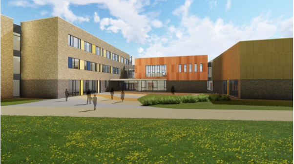 The Strule Education Campus is a modern building complex with brick and orange panels, featuring large windows and a central walkway. A green lawn dotted with yellow flowers stretches in the foreground, under a blue sky.